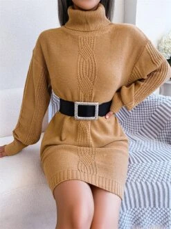 Women's Sweater Dress Winter Dress Jumper Dress Mini Dress Ruched Daily Date Going Out Active Fashion Turtleneck Long Sleeve 2023 Loose Fit White Khaki Army Green Color S M L Size -HANA Luxury Wear Shop qftklk1692863449146