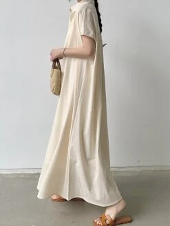 Women's Shirt Dress Casual Dress Maxi Long Dress Outdoor Daily Cotton Linen Basic Classic Shirt Collar Button Short Sleeve Summer Spring 2023 Loose Fit Navy Blue Brown Green Pure Color S M L XL XXL -HANA Luxury Wear Shop qfwvaj1688542117963