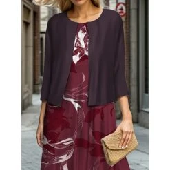 Women's Two Piece Dress Set Casual Dress Swing Dress Outdoor Office Fashion Streetwear Print Midi Dress Crew Neck 3/4 Length Sleeve Floral Regular Fit Wine Purple Fall Winter S M L XL XXL -HANA Luxury Wear Shop qfyrnp1695644978387