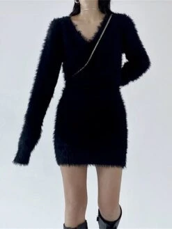 Women's Sweater Dress Winter Dress Jumper Dress Mini Dress Ruched Outdoor Street Daily Active Fashion V Neck Long Sleeve 2023 Slim Black Brown Color S M L Size -HANA Luxury Wear Shop qgaesg1692862196289