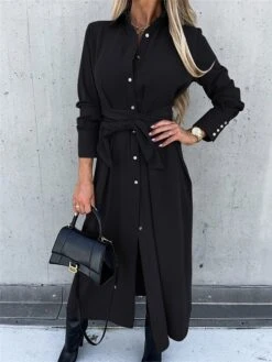 Women's Shirt Dress Shift Dress Swing Dress Maxi Long Dress Winter Dress Daily Holiday Polyester Elegant Classic Shirt Collar Button With Belt Long Sleeve Spring Fall Winter 2023 Regular Fit Black