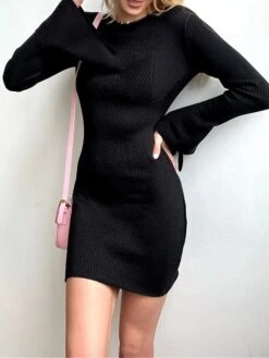 Women's Sweater Dress Jumper Dress Casual Dress Mini Dress Warm Pure Color Outdoor Casual Daily Going Out Crew Neck Long Sleeve 2023 Slim Black Apricot S M L -HANA Luxury Wear Shop qgtbpo1695106685630
