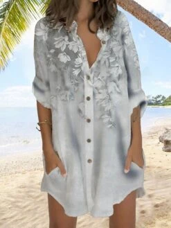 Women's Shirt Dress Casual Dress Shift Dress Mini Dress Outdoor Daily Vacation Polyester Fashion Casual Stand Collar Button Pocket Long Sleeve Summer Spring Fall 2023 Regular Fit Blue Purple Gray -HANA Luxury Wear Shop qgznol1677232675813