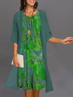 Women's Two Piece Dress Set Casual Dress Print Dress Outdoor Daily Fashion Elegant Print Midi Dress Crew Neck 3/4 Length Sleeve Floral Regular Fit Wine Navy Blue Blue Summer Spring S M L XL XXL -HANA Luxury Wear Shop qhhmrj1687920844912