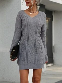 Women's Sweater Dress Jumper Dress Casual Dress Mini Dress Warm Pure Color Outdoor Casual Daily Going Out V Neck Long Sleeve 2023 Loose Fit Gray S M L -HANA Luxury Wear Shop qhmqea1695194443255
