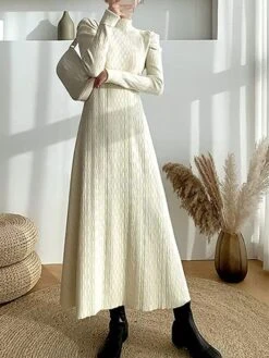 Women's Sweater Dress Jumper Dress Casual Dress Long Dress Maxi Dress Active Pure Color Outdoor Casual Holiday Vacation Turtleneck Long Sleeve 2023 Regular Fit Black Beige M