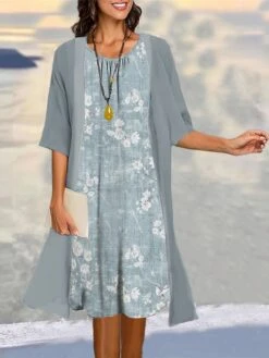 Women's Two Piece Dress Set Casual Dress Print Dress Outdoor Daily Fashion Elegant Print Midi Dress Crew Neck 3/4 Length Sleeve Floral Regular Fit Navy Blue Green Gray Summer Spring S M L XL XXL -HANA Luxury Wear Shop qhsgnw1683710366146