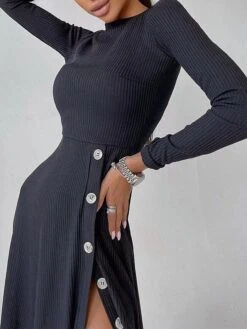 Women's Sweater Dress Winter Dress Jumper Dress Midi Dress Button Split Daily Date Going Out Fashion Basic Crew Neck Long Sleeve 2023 Regular Fit Black Blue Camel Color S M L XL Size -HANA Luxury Wear Shop qiaach1692357251573