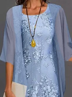 Women's Dress Set Lace Dress Midi Dress Light Blue Green Gray Half Sleeve Floral Embroidered Layered Patchwork Summer Spring Fall Crew Neck Elegant Chinoiserie 2023 M L XL XXL XXXL 4XL 5XL -HANA Luxury Wear Shop qidowl1644389980989