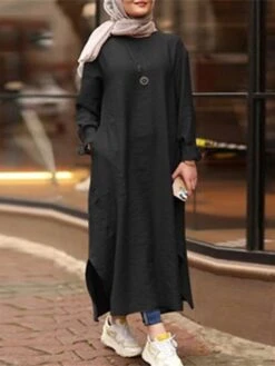 Women's Casual Dress Cotton Linen Dress Abaya Maxi Long Dress Linen / Cotton Blend Classic Casual Outdoor Daily Vacation Crew Neck Pocket Split Long Sleeve Spring Fall Winter 2023 Loose Fit ArmyGreen -HANA Luxury Wear Shop qionue1692340969370