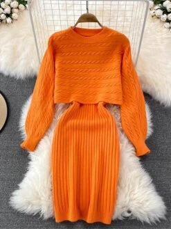 Women's Two Piece Dress Set Casual Dress Sheath Dress Outdoor Daily Fashion Streetwear Ruched Midi Dress Crew Neck Long Sleeve Plain Loose Fit Black White Wine Fall Winter One-Size -HANA Luxury Wear Shop qiwzil1694057145976