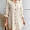 Women's Shirt Dress Casual Dress Mini Dress Outdoor Daily Vacation Cotton Linen Classic Modern Shirt Collar Ruffle Button 3/4 Length Sleeve Summer Spring 2023 Regular Fit Apricot Plain S M L XL 2XL -HANA Luxury Wear Shop qjpdzm1689824836482