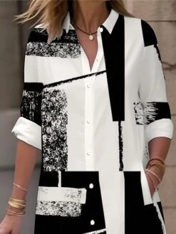 Women's Shirt Dress Casual Dress Midi Dress Outdoor Office Daily Polyester Fashion Modern Shirt Collar Button Pocket Long Sleeve Fall Winter 2023 Loose Fit Black Geometric Plaid Color Block S M L XL -HANA Luxury Wear Shop qkegrn1694166483632
