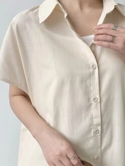 Women's Shirt Dress Casual Dress Maxi Long Dress Outdoor Daily Cotton Linen Basic Classic Shirt Collar Button Short Sleeve Summer Spring 2023 Loose Fit Navy Blue Brown Green Pure Color S M L XL XXL -HANA Luxury Wear Shop qlrvss1688542122103