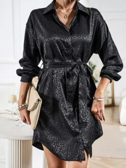 Women's Shirt Dress Midi Dress Outdoor Date Vacation Satin Fashion Elegant Shirt Collar Lace Up Button Long Sleeve Spring Fall Winter 2023 Loose Fit Black Wine Brown Pure Color S M L XL -HANA Luxury Wear Shop qlxbkt1692856947416