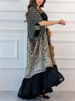 Women's Two Piece Dress Set Party Dress Sheath Dress Party Cocktail Party Fashion Party Lace Up Ruched Long Dress Maxi Dress Crew Neck Short Sleeve Print Loose Fit Black White Green Fall Winter S M L -HANA Luxury Wear Shop qmbqpg1696691502926