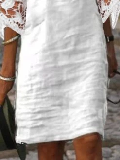 Women's Cotton Linen Dress Casual Dress Shift Dress Midi Dress Cotton Blend Fashion Modern Outdoor Daily Vacation V Neck Lace 3/4 Length Sleeve Summer Spring Fall 2023 Loose Fit White Plain S M L XL -HANA Luxury Wear Shop qmckji1678949794958