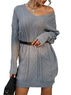 Women's Sweater Dress Jumper Dress Casual Dress Mini Dress Warm Pure Color Outdoor Casual Daily Going Out V Neck Long Sleeve 2023 Loose Fit Gray S M L -HANA Luxury Wear Shop qmjtdu1695194443850