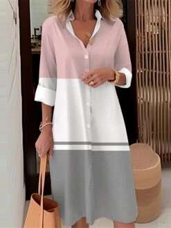 Women's Shirt Dress Casual Dress Midi Dress Outdoor Office Daily Polyester Fashion Modern Shirt Collar Button Pocket Long Sleeve Fall Winter 2023 Loose Fit Pink Blue Striped S M L XL 2XL -HANA Luxury Wear Shop qmrlak1693902576781