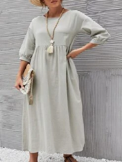 Women's Casual Dress Cotton Linen Dress Swing Dress Midi Dress White Pink Brown Half Sleeve Pure Color Ruched Fall Winter Autumn Crew Neck Casual Loose Fit 2023 S M L XL XXL -HANA Luxury Wear Shop qmyfsx1651741071962