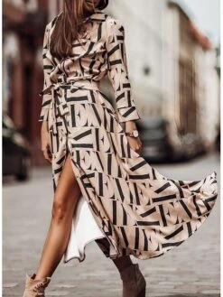 Women's Sheath Dress Midi Dress Black Yellow Light Brown Long Sleeve Polka Dot Split Winter Fall Autumn Shirt Collar Winter Dress Fall Dress Loose Fit S M L XL XXL