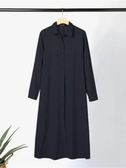 Women's Shirt Dress Casual Dress Cotton Linen Dress Maxi Long Dress Cotton Basic Classic Outdoor Daily Vacation Shirt Collar Button Split Long Sleeve Summer Spring Fall 2023 Loose Fit Wine Navy Blue -HANA Luxury Wear Shop qmzwzw1690882246034