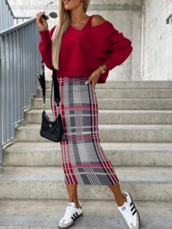 Women's Two Piece Dress Set Skirt Set Daily Casual Print Long Dress Maxi Dress V Neck Long Sleeve Plaid Regular Fit Black Khaki Drak Red Fall S M L XL XXL -HANA Luxury Wear Shop qngexf1693294338507
