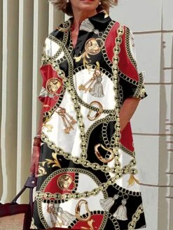 Women's Shirt Dress Casual Dress Midi Dress Outdoor Office Daily Polyester Fashion Modern Shirt Collar Button Pocket Long Sleeve Fall Winter 2023 Loose Fit Black Pink Wine Color Block Graffiti S M L -HANA Luxury Wear Shop qnpnny1693390906930