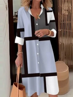 Women's Shirt Dress Casual Dress Midi Dress Outdoor Office Daily Polyester Fashion Modern Shirt Collar Button Pocket Long Sleeve Fall Winter 2023 Loose Fit Pink Sky Blue Orange Geometric Plaid S M L -HANA Luxury Wear Shop qpgega1693797230171
