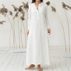 Women's Cotton Dress Pajamas Nightgown Nighty Pure Color Retro Comfort Home Daily Stand Collar Long Sleeve Button Summer Fall Spring White Blue -HANA Luxury Wear Shop qpkavg1654067373447