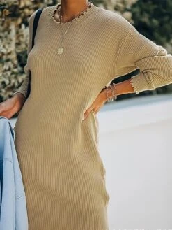 Women's Sweater Dress Jumper Dress Casual Dress Mini Dress Warm Pure Color Outdoor Casual Daily Holiday Crew Neck Long Sleeve 2023 Loose Fit Khaki S M L -HANA Luxury Wear Shop qpoedf1695643732566