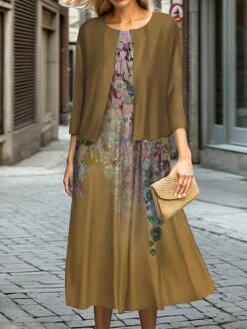 Women's Two Piece Dress Set Casual Dress Swing Dress Outdoor Office Fashion Streetwear Print Midi Dress Crew Neck 3/4 Length Sleeve Floral Regular Fit Blue Brown Green Fall Winter S M L XL XXL -HANA Luxury Wear Shop qpudde1697187278705