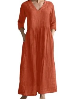 Women's Casual Dress Cotton Linen Dress A Line Dress Maxi Long Dress Cotton Blend Fashion Modern Outdoor Daily Vacation V Neck Ruched Side Pockets 3/4 Length Sleeve Summer Spring Fall 2023 Regular Fit -HANA Luxury Wear Shop qqdnyy1683629847400