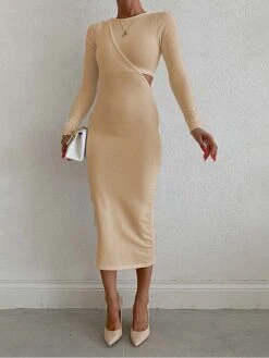 Women's Sweater Dress Jumper Dress Casual Dress Long Dress Maxi Dress Active Pure Color Outdoor Casual Holiday Vacation Crew Neck Long Sleeve Cut Out 2023 Slim White Apricot S M L XL -HANA Luxury Wear Shop qqitce1694426959232