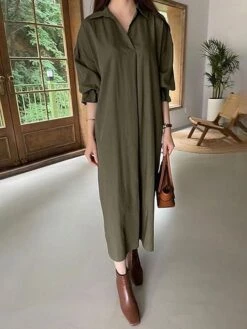 Women's Shirt Dress Casual Dress Cotton Linen Dress Maxi Long Dress Linen / Cotton Blend Basic Classic Outdoor Daily Vacation Shirt Collar Button Split Long Sleeve Spring Fall Autumn 2023 Loose Fit -HANA Luxury Wear Shop qqspcz1692084354327