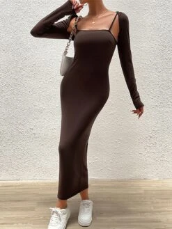 Women's Two Piece Dress Set Casual Dress Sheath Dress Outdoor Daily Fashion Streetwear Ribbed Midi Dress Square Neck Long Sleeve Plain Slim Black Blue Brown Fall Winter S M L XL -HANA Luxury Wear Shop qrgabb1695268280500