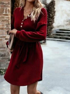 Women‘s Christmas Sweater Dress Jumper Dress Winter Dress Basic Christmas Street Daily Weekend V Neck Long Sleeve Lace Up Button 2023 Regular Fit Black Red Blue S M L XL -HANA Luxury Wear Shop qsyayl1692340843715