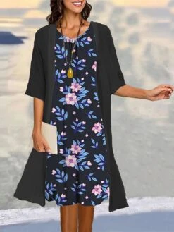 Women's Two Piece Dress Set Casual Dress Print Dress Outdoor Daily Fashion Elegant Print Midi Dress Crew Neck 3/4 Length Sleeve Floral Regular Fit Black Yellow Red Summer Spring S M L XL XXL -HANA Luxury Wear Shop qszulo1683710329391