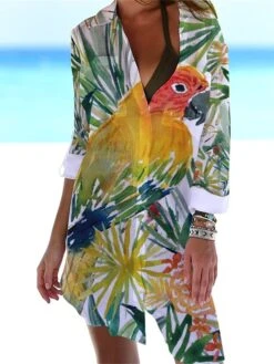 Women‘s Shirt Dress Cover Up Beach Dress Beach Wear Mini Dress Pocket Print Fashion Casual Floral Turndown 3/4 Length Sleeve Loose Fit Outdoor Daily White Yellow 2023 Spring Summer S M L XL -HANA Luxury Wear Shop qtacjb1675938179889