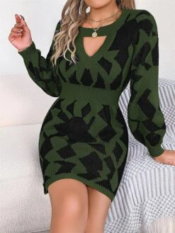 Women's Sweater Dress Jumper Dress Casual Dress Mini Dress Fashion Geometric Color Block Outdoor Daily Going Out Crew Neck Long Sleeve Cut Out 2023 Loose Fit Green Khaki Rose Red S M L -HANA Luxury Wear Shop qtmclg1695813749012
