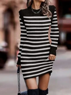 Women's Sweater Dress Winter Dress Jumper Dress Mini Dress Fashion Stripe Outdoor Daily Date Going Out Crew Neck Long Sleeve Print 2023 Regular Fit Black Brown S M L XL XXL 3XL