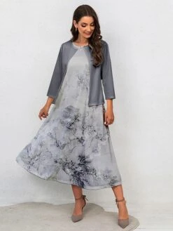 Women's Two Piece Dress Set Casual Dress Swing Dress Outdoor Office Fashion Streetwear Print Midi Dress Crew Neck 3/4 Length Sleeve Floral Ombre Regular Fit Pink Blue Purple Fall Winter S M L XL XXL -HANA Luxury Wear Shop quvobk1697681155763
