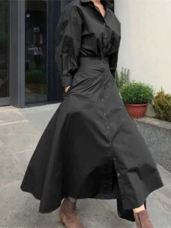 Women's Shirt Dress Casual Dress Work Dress Maxi Long Dress Outdoor Daily Cotton Basic Classic Shirt Collar Button Long Sleeve Summer Spring Fall 2023 Loose Fit Black Sky Blue Khaki Pure Color S M L -HANA Luxury Wear Shop qvfbnw1688536806021