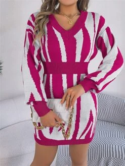 Women's Sweater Dress Winter Dress Jumper Dress Mini Dress Warm Stripe Outdoor Casual Holiday Vacation V Neck Long Sleeve Patchwork 2023 Loose Fit Green Khaki Rose Red S M L -HANA Luxury Wear Shop qvfswg1696926508478
