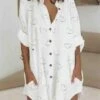 Women's Shirt Dress Casual Dress Shift Dress Mini Dress Outdoor Daily Vacation Polyester Fashion Casual Stand Collar Button Pocket Long Sleeve Summer Spring Fall 2023 Regular Fit White Pink Butterfly -HANA Luxury Wear Shop qvjrch1679382572321