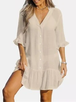 Women's Shirt Dress Casual Dress Mini Dress Outdoor Daily Polyester Hot Basic Shirt Collar Ruffle Button Half Sleeve Summer Spring 2023 Loose Fit Black White Apricot Plain S M L XL 2XL -HANA Luxury Wear Shop qvuvqy1689227079272