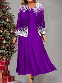 Women's Plus Size Two Piece Dress Set Casual Dress Swing Dress Outdoor Office Fashion Streetwear Print Midi Dress Crew Neck Long Sleeve Snowflake Regular Fit Red Blue Purple Fall Winter L XL XXL 3XL -HANA Luxury Wear Shop qwjhfx1697614015063