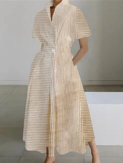 Women's Shirt Dress Casual Dress Swing Dress Maxi Long Dress Outdoor Office Daily Polyester Fashion Modern Shirt Collar Button Pocket Short Sleeve Summer Spring 2023 Loose Fit Pink Blue Green Striped -HANA Luxury Wear Shop qwmpkn1689925383101
