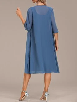 Women's Two Piece Dress Set Party Dress Chiffon Dress Party Wedding Guest Fashion Elegant Ruffle Midi Dress Crew Neck 3/4 Length Sleeve Plain Loose Fit Blue Fall Winter S M L XL XXL -HANA Luxury Wear Shop qwonld1696604914895