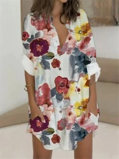 Women's Shirt Dress Casual Dress Shift Dress Mini Dress Outdoor Daily Vacation Polyester Fashion Casual Stand Collar Button Pocket Long Sleeve Summer Spring Fall 2023 Regular Fit Red Blue Green Floral -HANA Luxury Wear Shop qwqjze1679383075334